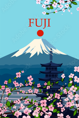 Fuji mountain Japan travel poster vintage