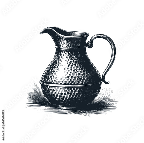 Copper Hammered Shiny Water Jug. Black white vector illustration.