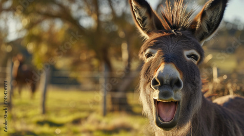 Funny portrait of a donkey smiling. Generative Ai © We3 Animal