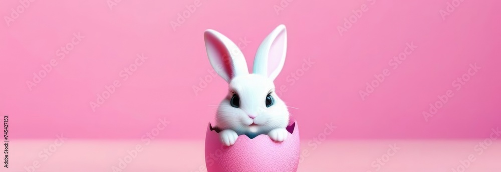 Fototapeta premium Happy Easter banner with cute Easter bunny hatching from pink Easter egg on pastel pink background. Illustration of Easter rabbit sitting in cracked eggshell. Happy Easter greeting card. Copy space.