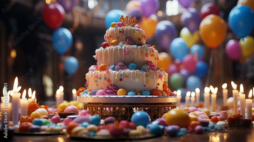 Elegant birthday cake with candles and balloons, ideal for celebration and party atmosphere