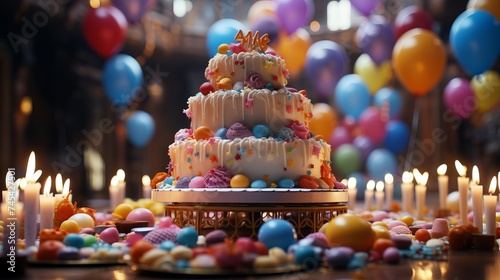 Elegant birthday cake with candles and balloons, ideal for celebration and party atmosphere © Dipsky