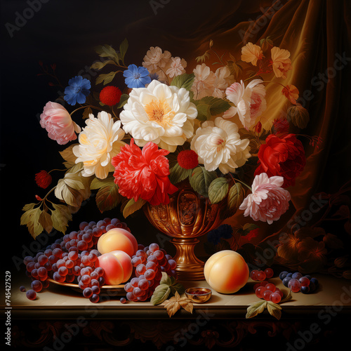 Colorful garden flowers bouquet in vintage vase and fruits. Oil painting illustration in Dutch still life masterpieces style.