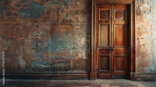 A close-up image of a closed wooden door in an empty room, offering ample copy space