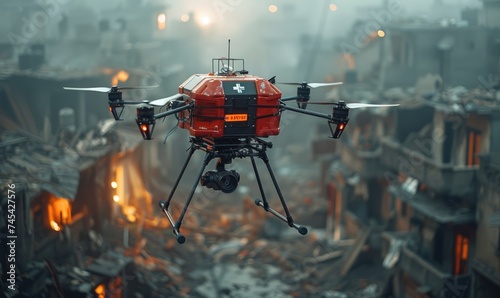 A drone flying carrying a medical box. Disaster area background