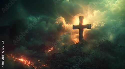 Old Cross with Clouds And Glorious Light From Heaven. Concept of the Crucifixion or Resurrection of Jesus Christ photo