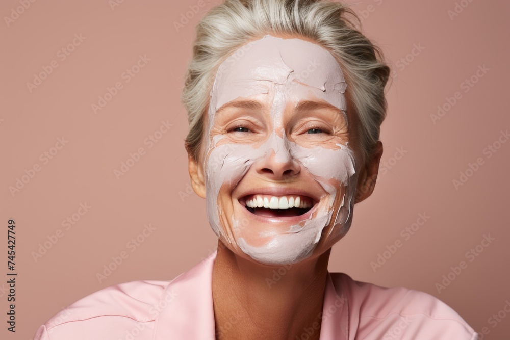 Fototapeta premium woman 50 plus, smiling with clay face mask, studio portrait on a pink background