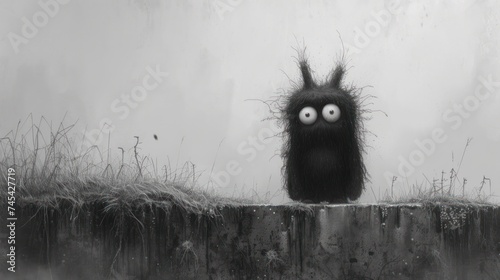  a black and white photo of a monster on a fence with eyes wide open and hair blowing in the wind, with a foggy background of tall grass and a wall.