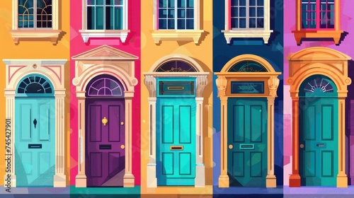 Vector illustration featuring colorful front doors of houses and buildings, depicted in a flat design style and isolated