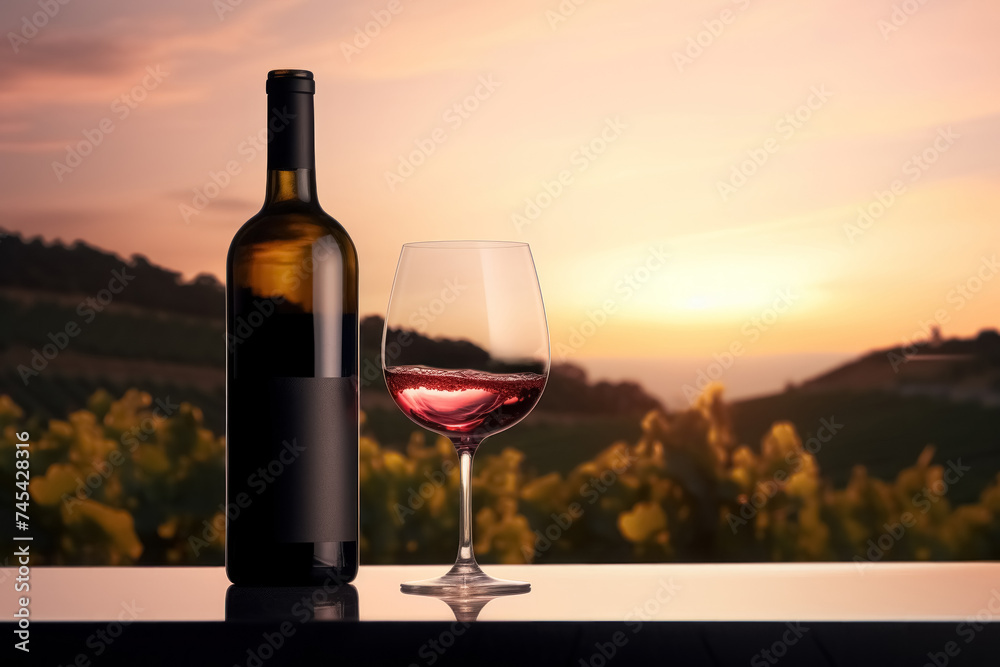 Bottle of red wine with mock up black label and glass on background of sunset panorama of grape valley, background with magnificent landscape and copy space