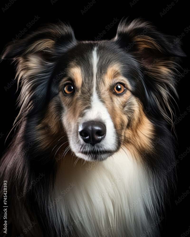 Close up studio portrait single cute collie dog, looking in camera isolated on black background