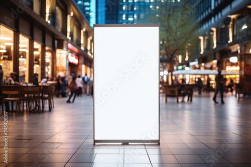 Vertical blank white advertising billboard on the evening street, banner for advertisement and information