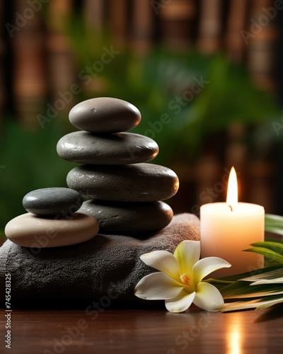 Black hot stone for massage, lit candle and grey towel on wooden background, accessories for spa therapy and treatment, relax and self care concept