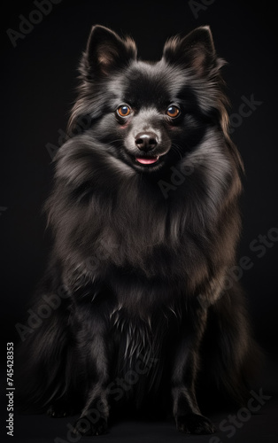 Full body front view studio portrait beautiful fluffy black german spitz sitting and looking in camera isolated on black background