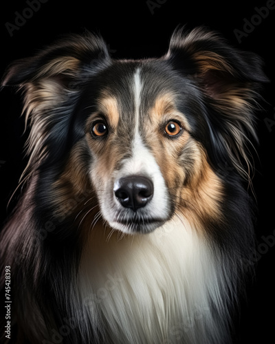 Close up studio portrait single cute collie dog, looking in camera isolated on black background © Balica