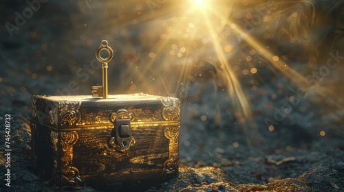 A golden key unlocking a treasure chest under a beam of light, representing the unlocking of potential and riches. photo