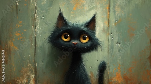  a painting of a black cat with yellow eyes sitting in front of a grungy wall with peeling paint and peeling paint on it's bottom part of the wall.