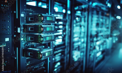 A close-up photograph showcases modern blue computers in a server room, illustrating the technological infrastructure of data management and communication networks.Generated image