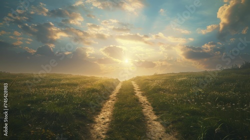 A forked path reveals choices leading to sunny success, personifying decisions and ambition.