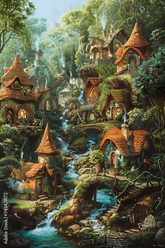 The painting depicts a charming village nestled in the woods. Gnomes can be seen going about their daily activities, adding a whimsical element to the scene © Vit