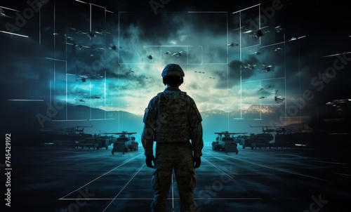 A special soldier is depicted observing the wartime situation and the advancement of his military army through holographic displays, showcasing strategic analysis and tactical planning in a high-tech
