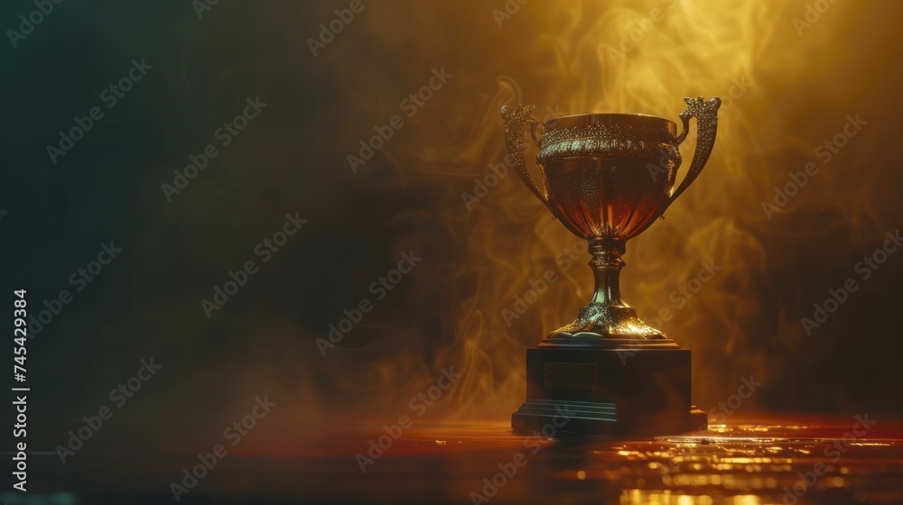 Golden trophy shimmering in the spotlight against a dark background, symbolizing achievement and victory. Golden trophy shimmering in the spotlight against a dark background, symbolizing achievement and victory.