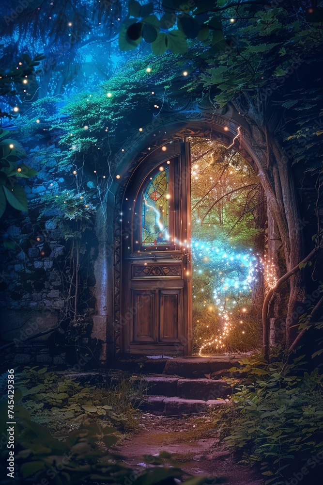 An open door stands ajar, revealing a pathway into a lush forest illuminated by an array of glowing lights. The scene exudes an enchanting atmosphere as the forest beckons with its magical allure