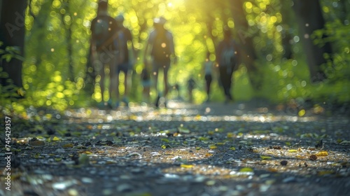 Walkers and nature lovers blend with the verdant, sunlit path, disappearing into the blurred forest scene.