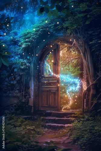 An open door stands ajar, revealing a pathway into a lush forest illuminated by an array of glowing lights. The scene exudes an enchanting atmosphere as the forest beckons with its magical allure
