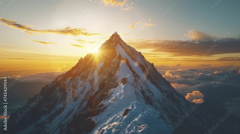 At sunrise, the mountain peak embodies success and triumph, illuminated by the sun.
