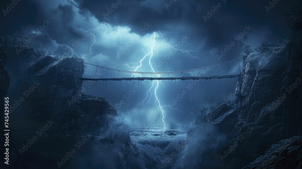 Thunder strikes over a minimalist bridge, illustrating overcoming obstacles and connecting opportunities in business. - obrazy, fototapety, plakaty 