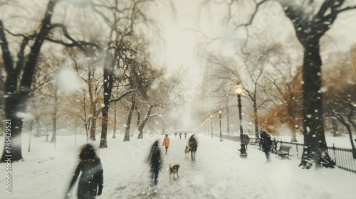 Snow-covered park, families and pets captured in a soft, ethereal blur of winter activity and joy.