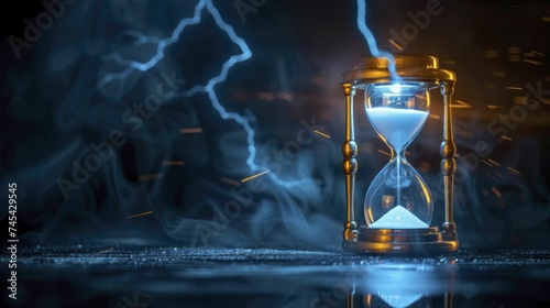 Thunder strikes against a simple hourglass, illustrating the urgency and rapid pace of decision-making in business.