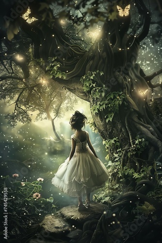 A young girl wearing a white dress stands among the trees in a forest. The girl appears curious, looking around her surroundings with intrigue