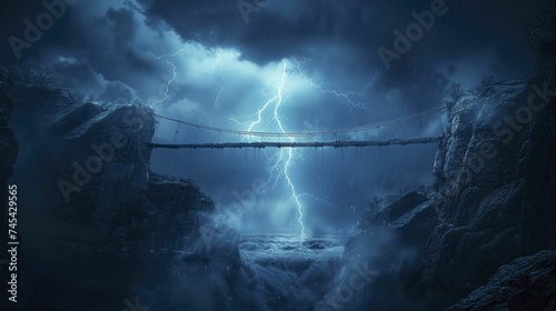 Thunder strikes over a minimalist bridge, illustrating overcoming obstacles and connecting opportunities in business. photo