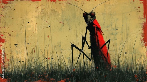  a painting of a mantissa standing in a field of tall grass with a red cape on it's head and a black mask on it's face. photo