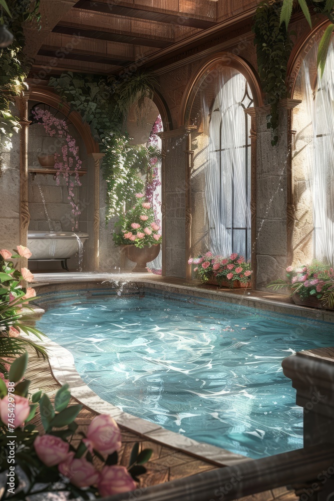 An indoor swimming pool is surrounded by an abundance of colorful flowers and lush greenery, creating a serene oasis within a luxurious spa environment