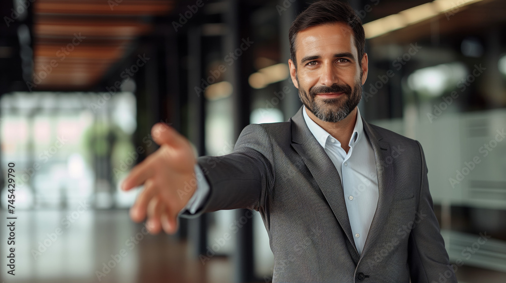 A handsome man in a suit extends his hand for a handshake. The message is «You're hired at the company» or «I'm pleased to welcome you to our firm». A handsome man in a suit extends his hand for a handshake. The message is «You're hired at the company» or «I'm pleased to welcome you to our firm».