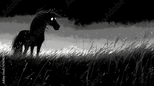  a black and white photo of a horse standing in a field of tall grass with a dark sky in the background and a foggy sky in the foreground.