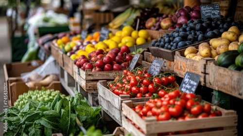  Crates of ripe red and yellow tomatoes alongside a variety of green vegetables, showcased at a local farmer's market
