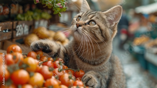  a close up of a cat looking up at a bunch of tomatoes in a produce section of a grocery store with other fruits and vegetables on display shelves in the background.