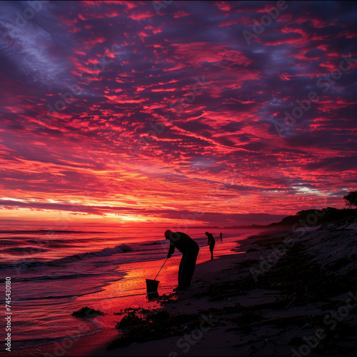 Sunrise Beach Cleanup: Crew Working with Crimson Sky