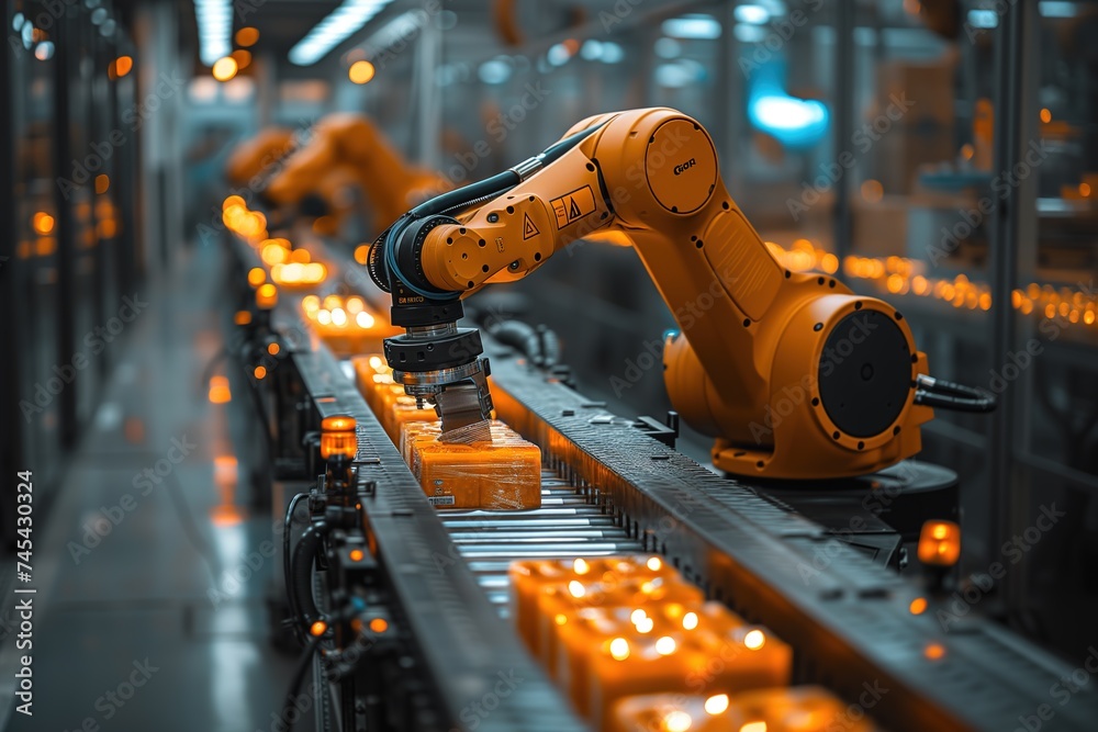 Automated orange robotic arm working on a production line, modern industry machinery in operation Automated orange robotic arm working on a production line, modern industry machinery in operation