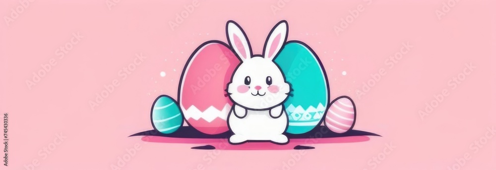 Happy Easter banner with cute Easter bunny hatching from pink Easter egg on pastel pink background. Illustration of Easter rabbit sitting in cracked eggshell. Happy Easter greeting card. Copy space. Happy Easter banner with cute Easter bunny hatching from pink Easter egg on pastel pink background. Illustration of Easter rabbit sitting in cracked eggshell. Happy Easter greeting card. Copy space.