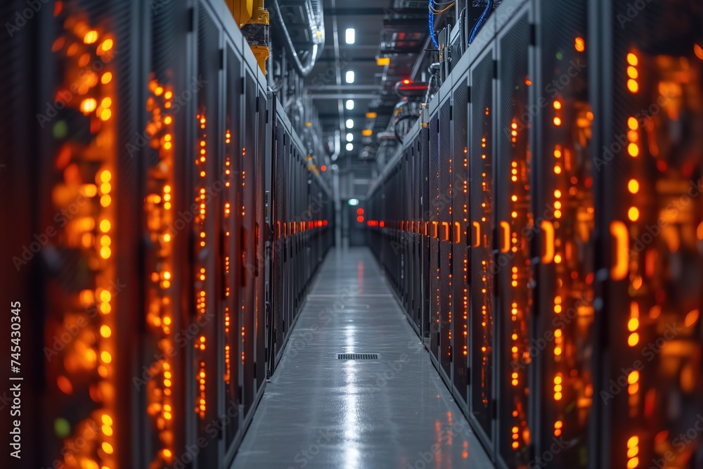 Inside a data center, rows of server racks with red glowing lights reflect on the floor