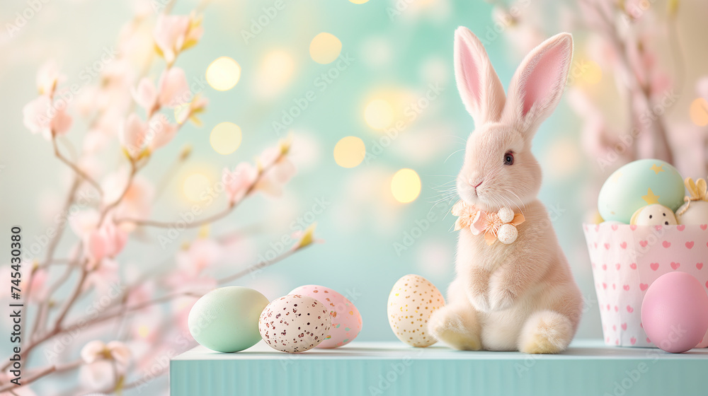 Cute toy rabbit sitting on a podium with Easter eggs and Easter decorations in soft pastel colors against the background of spring flowers Cute toy rabbit sitting on a podium with Easter eggs and Easter decorations in soft pastel colors against the background of spring flowers
