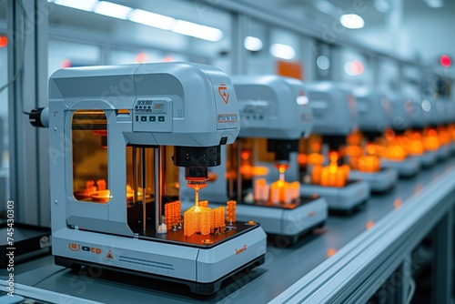 Multiple 3D printers actively creating objects on a production line, showcasing modern manufacturing photo
