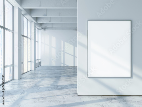 An empty office interior with a concrete floor and a blank poster on the wall. Sunlight casts shadows through the windows. Ai generative illustration