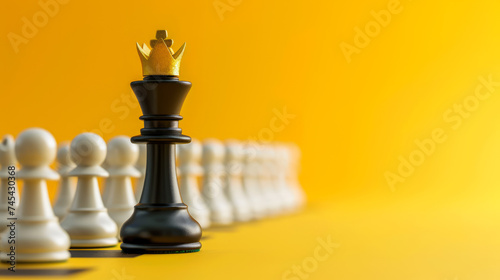 Black king chess piece with golden crown on vivid yellow background. Leadership concept