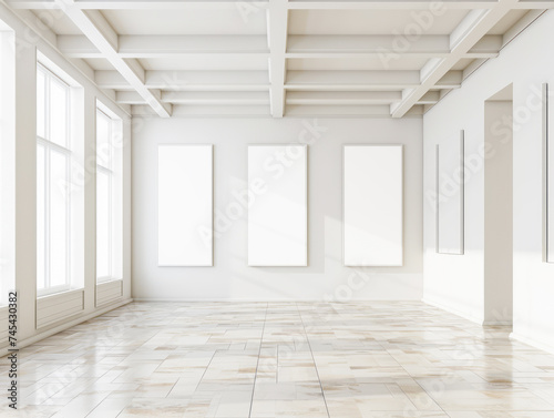 An empty gallery interior with white walls and blank frames ready for art or posters display. Ai generative illustration